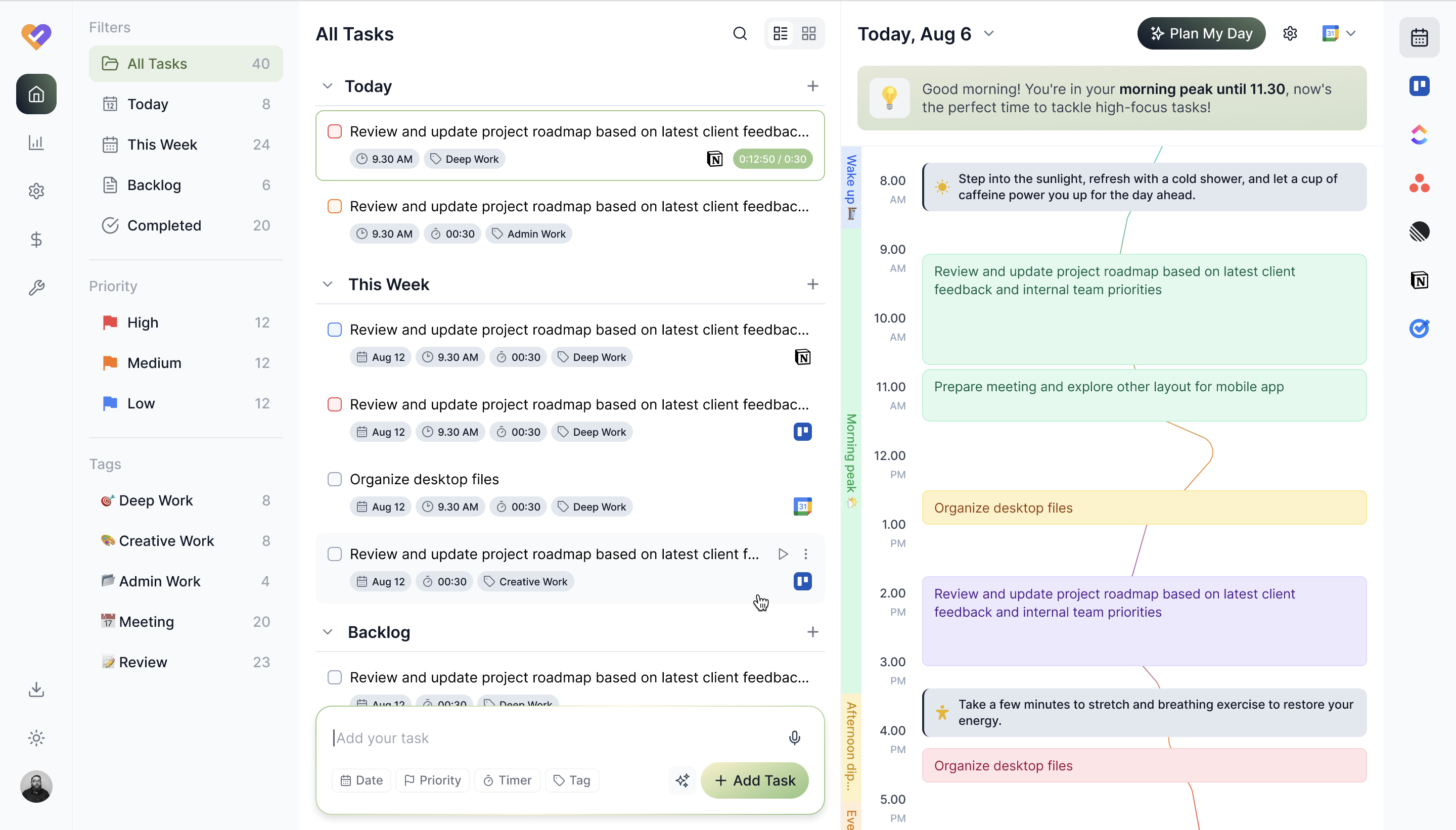 Focuzed Dashboard - Energy-based task planning interface